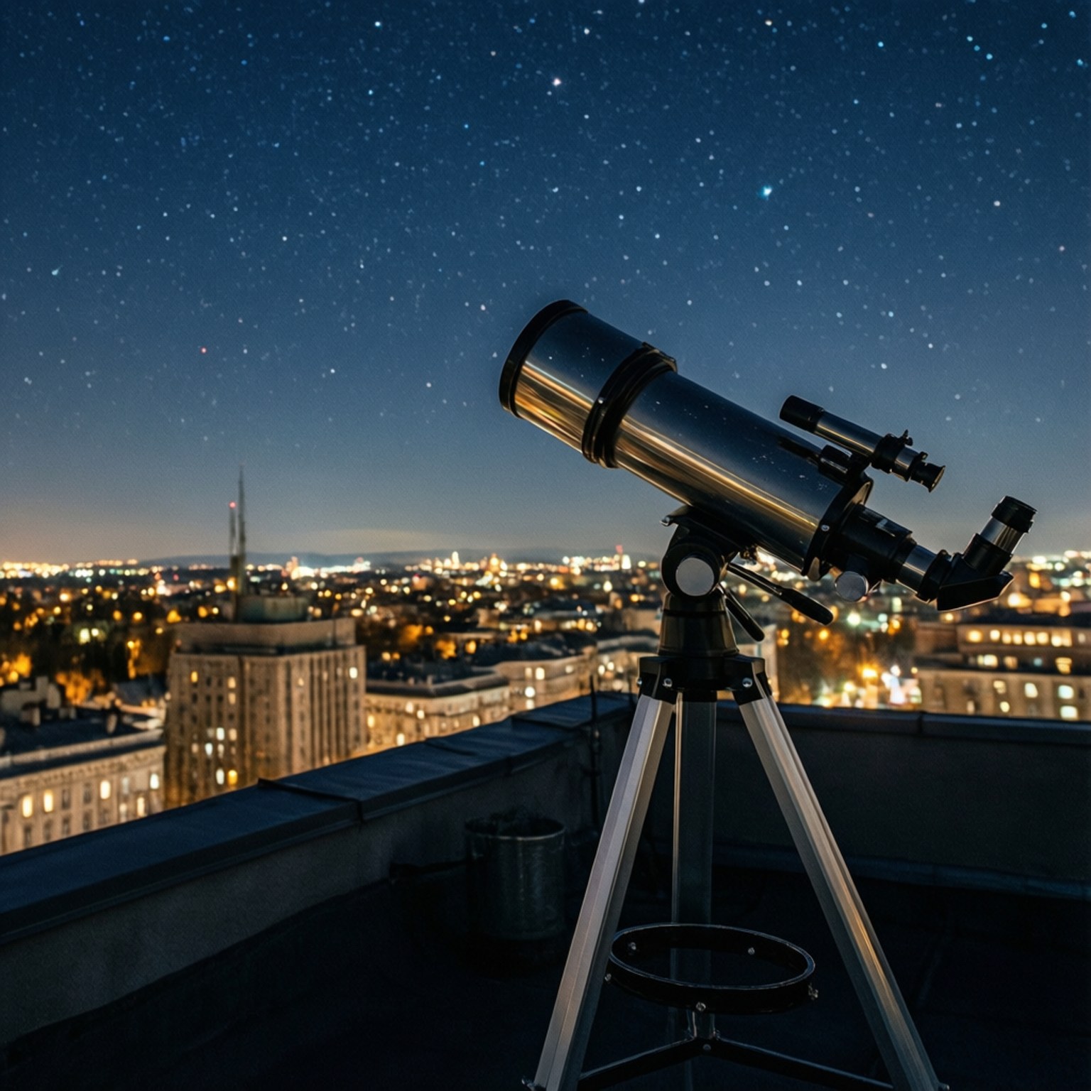 屋頂觀星 壁紙 — 屋頂上的望遠鏡指向閃爍城市景觀上方的星空。