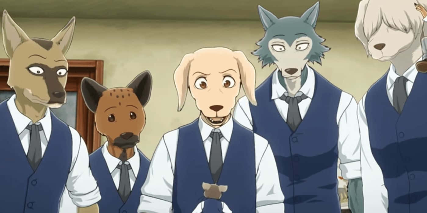  壁紙 — 五個穿著正式背心的擬人化動物角色站在房間裡，表情驚訝或嚴肅。