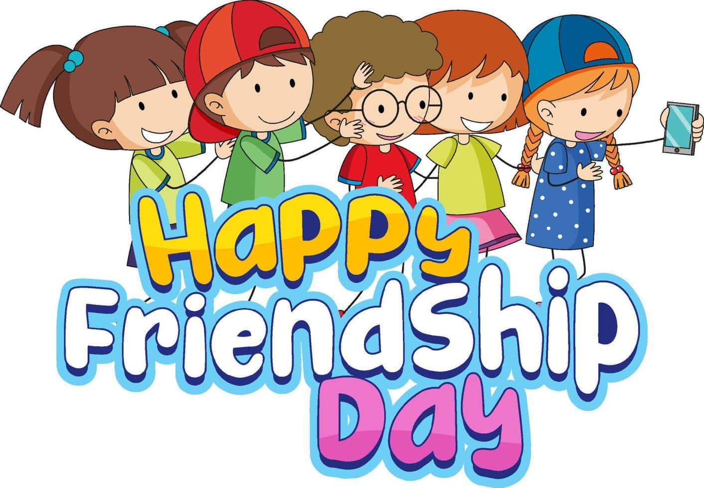  壁紙 — 五個快樂的卡通小孩手牽手圍繞著色彩繽紛的「Happy Friendship Day」文字。