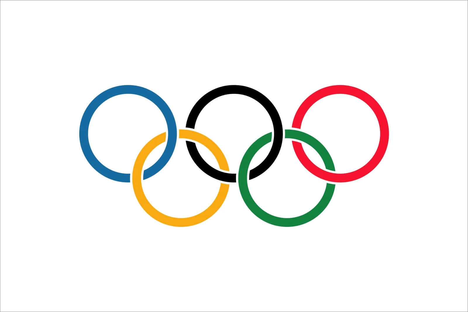 五個相互交織的奧運環，顏色為藍、黃、黑、綠和紅。