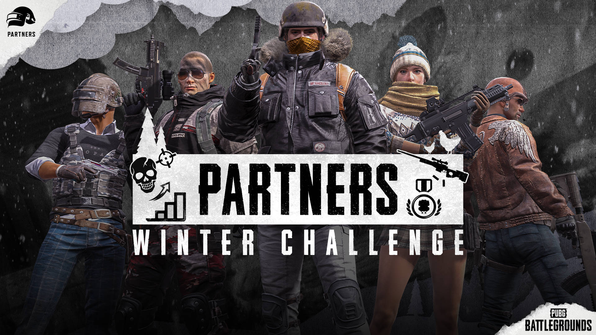 五名PUBG玩家身穿冬季裝備手持武器參加冬季挑戰賽。