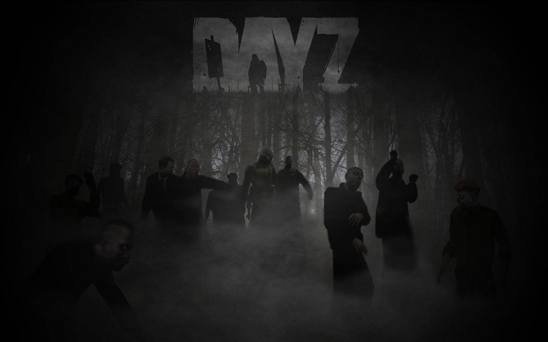霧氣籠罩的森林中，「DAYZ」標誌下的殭屍。