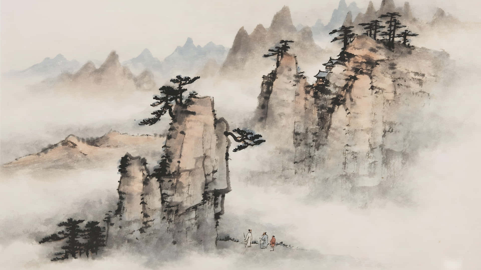  壁紙 — 霧氣籠罩的山峰穿過雲層聳立，有孤獨的松樹和細小的人影在寺廟附近行走。