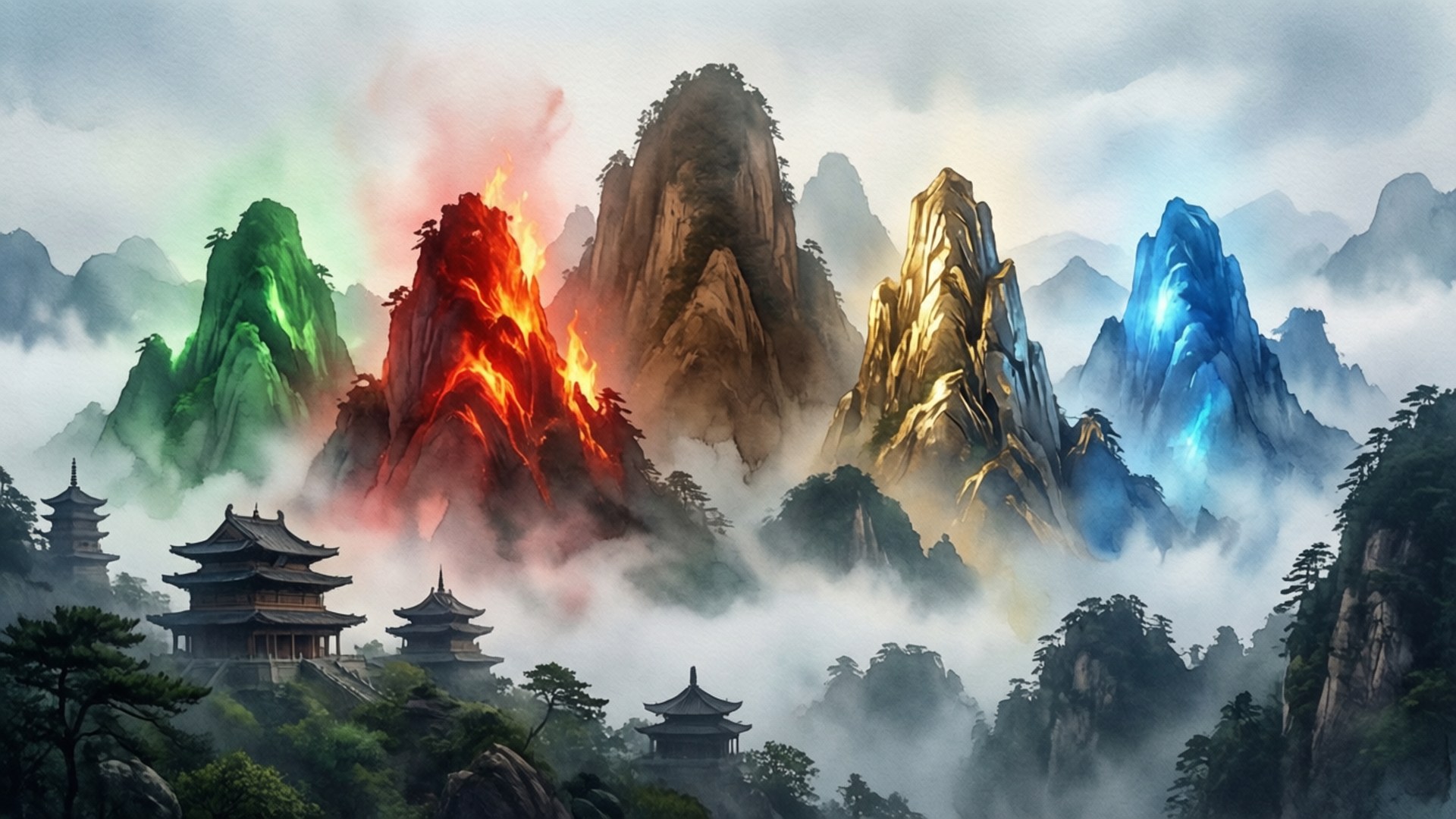 Fog Hill Of Five Elements 桌布 壁紙 — 霧氣籠罩的山巒閃耀著火紅、翠綠和湛藍的色調，古老的寶塔坐落在松樹之間。