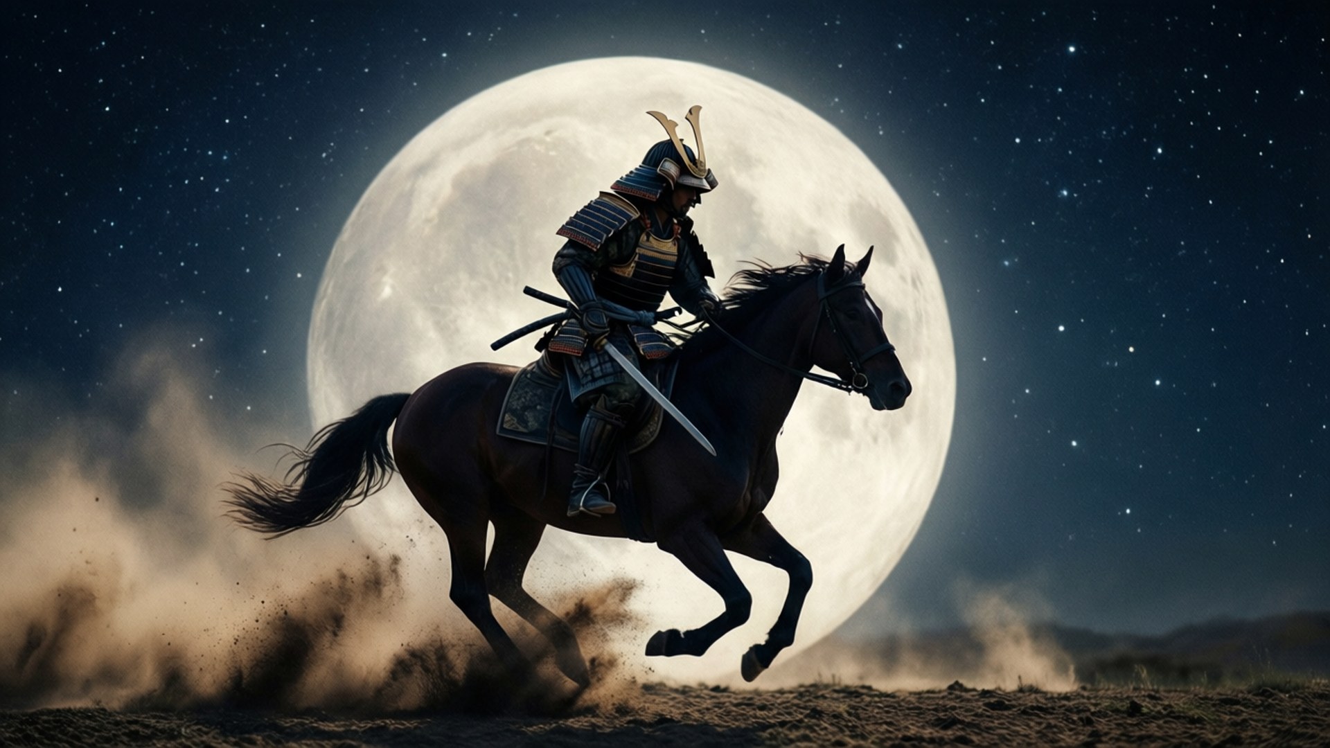 武士騎馬在滿月下奔馳。