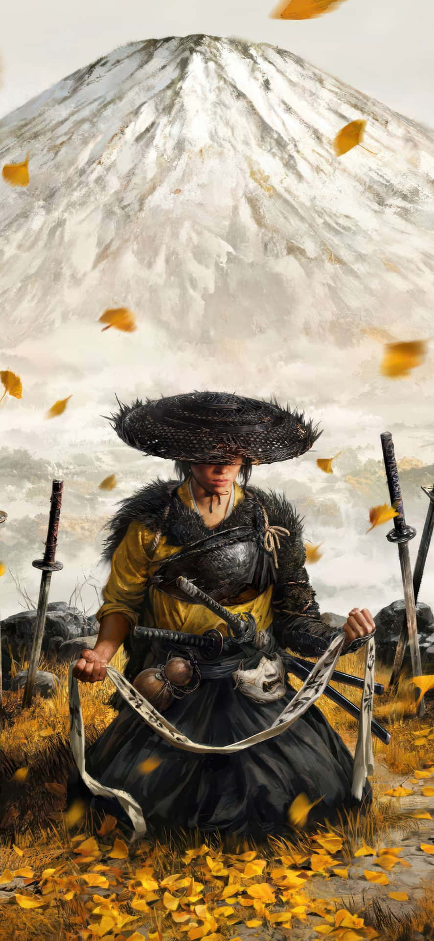  壁紙 — 一名武士戰士跪在秋天的落葉中，面前是白雪覆蓋的山峰，飄落的楓葉在周圍盤旋。