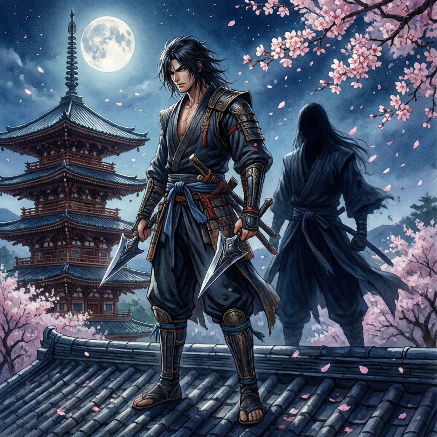 武士在屋頂上，月下櫻花與陰影人物