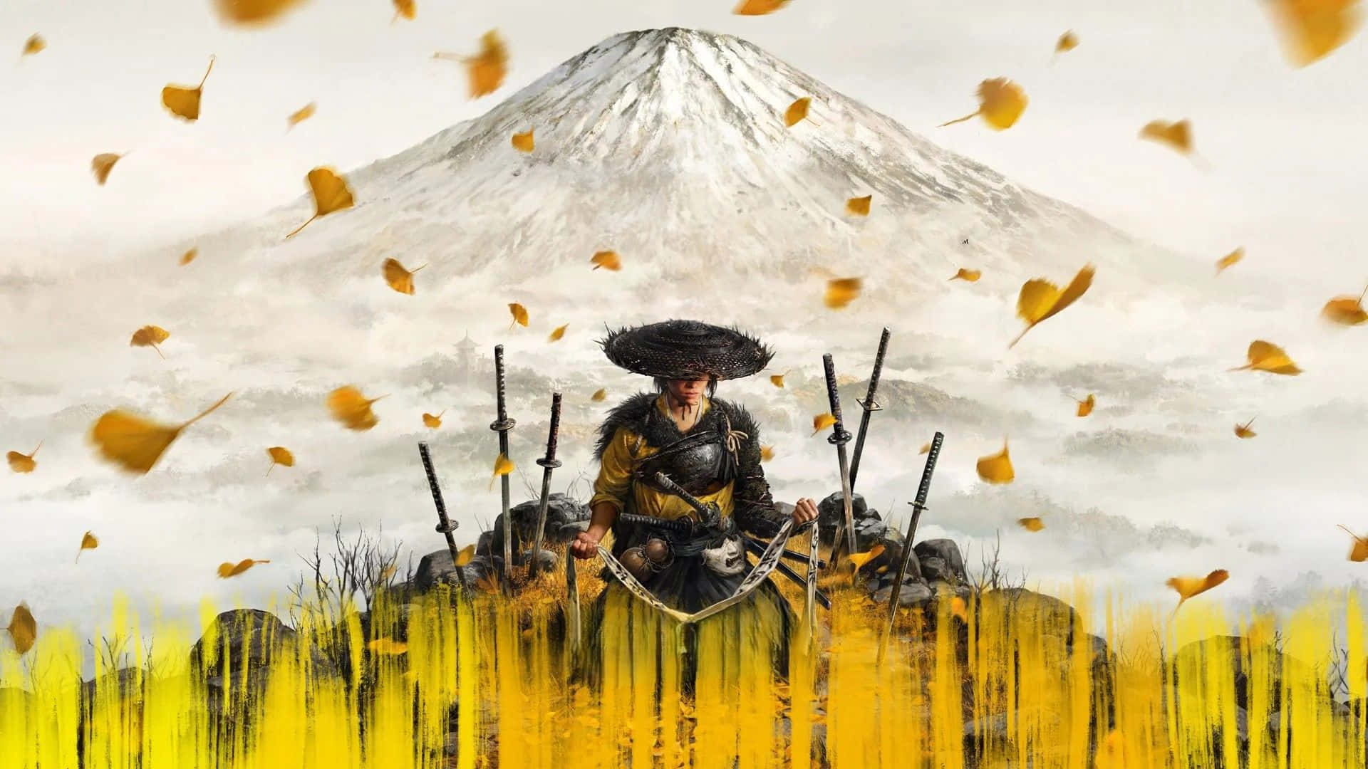  壁紙 — 一位武士坐在岩石上，周圍有劍，金色的樹葉在雪山背景下旋轉。