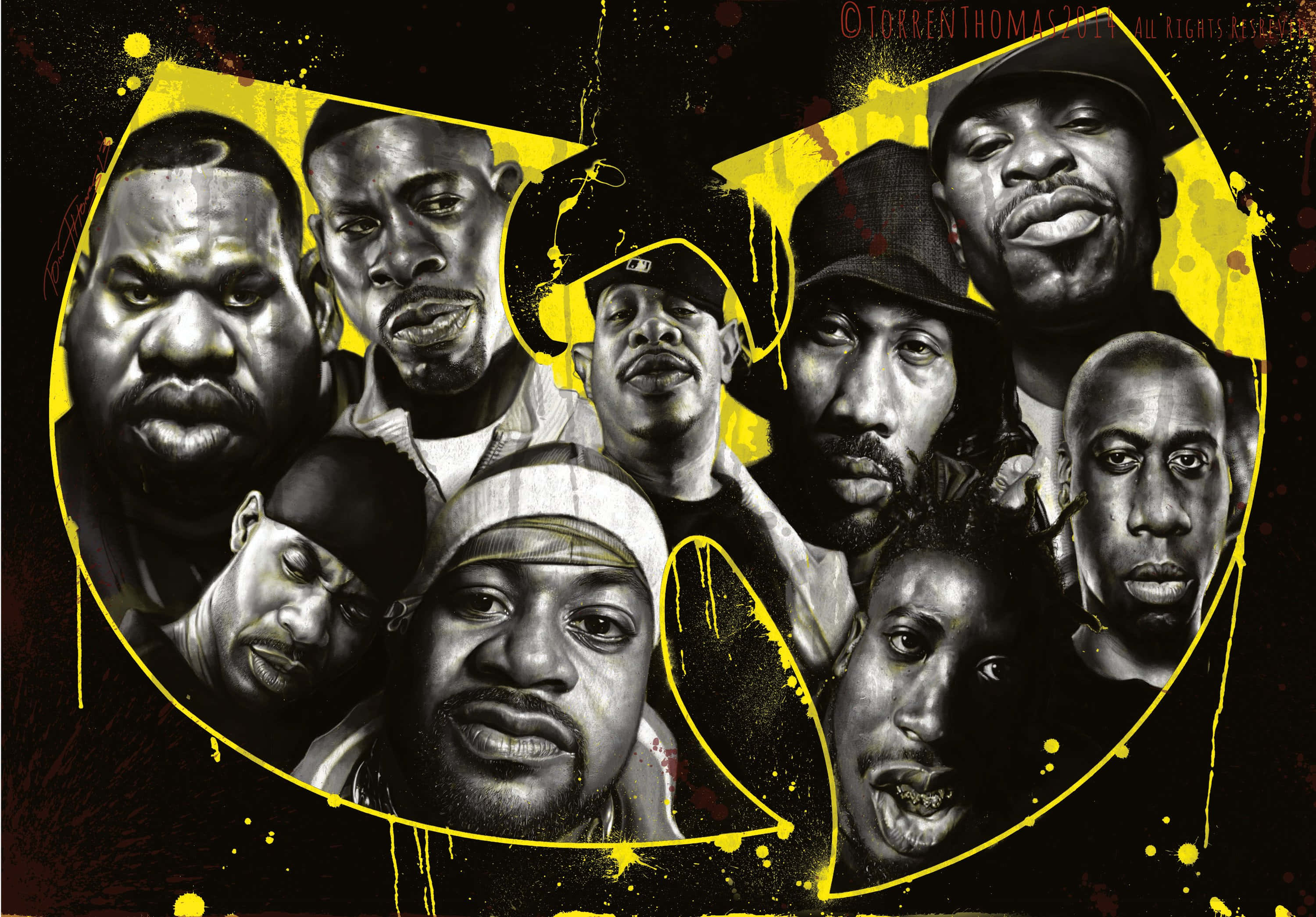Wu Tang Clan 標誌 壁紙 — 大膽的黑黃色塗鴉風格拼貼畫，描繪九位表情強烈的標誌性嘻哈藝術家。