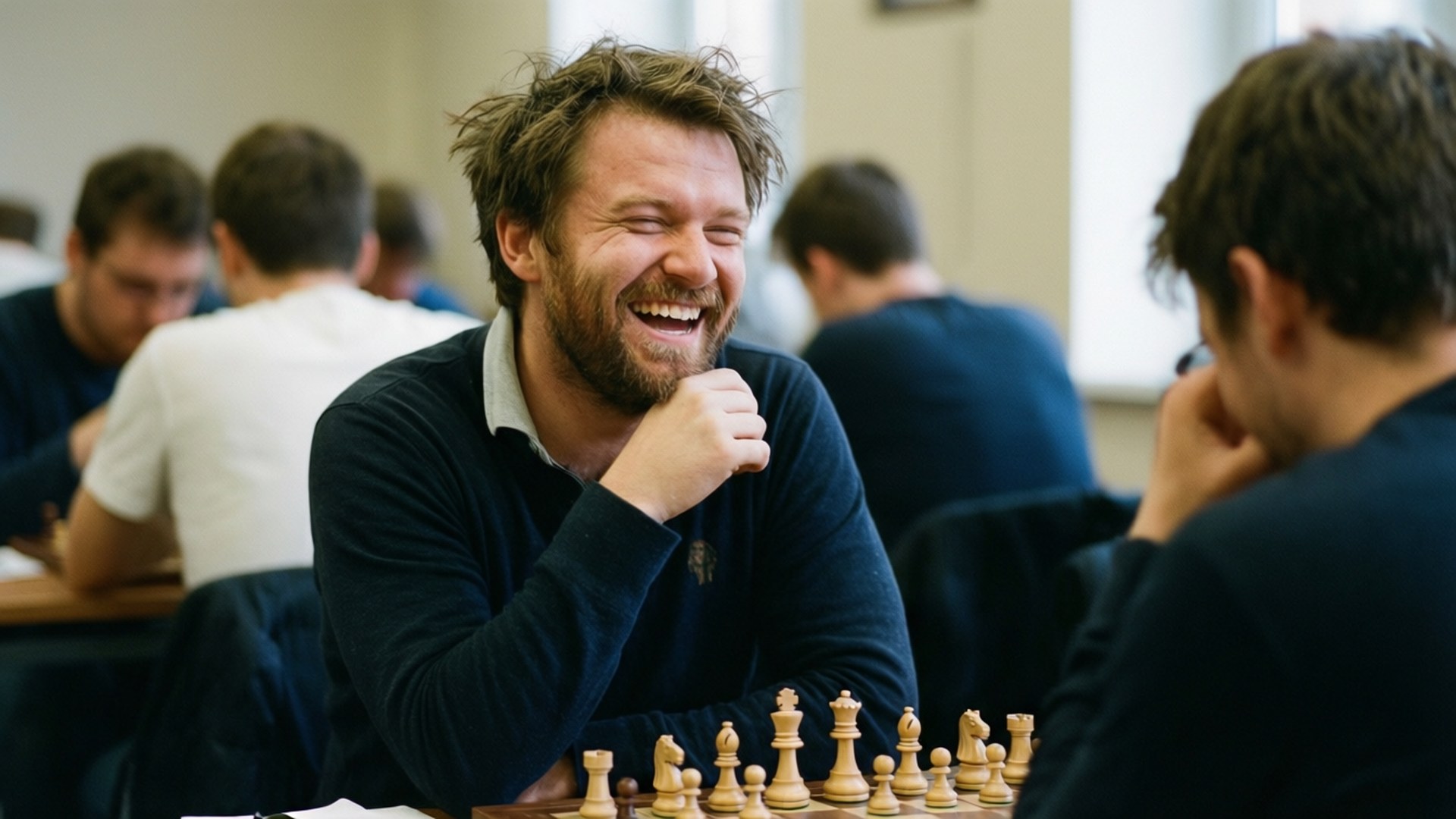 Magnus Carlsen 桌布 壁紙 — 一位鬍鬚男在明亮的室內比賽環境中與對手下棋時開懷大笑。