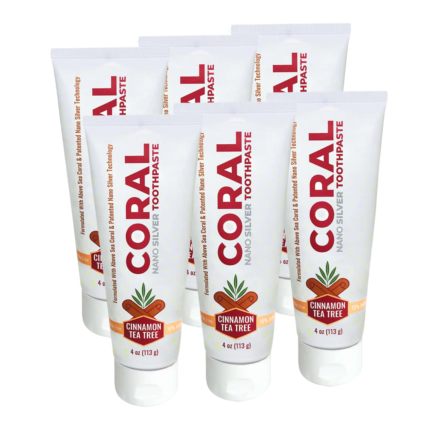  壁紙 — 五支白色Coral Nano Silver牙膏（肉桂茶樹味）以交錯排列的方式放在潔白背景上。