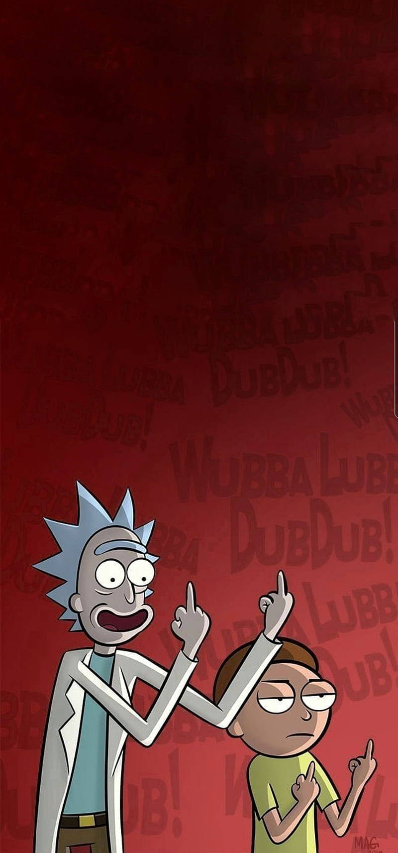 瑞克和莫蒂手機：紅色「Wubba Lubba Dub Dub」背景 壁紙 — 瑞克和莫蒂指向上方，背景為紅色，充滿重複的 wubba lubba dub dub 文字。