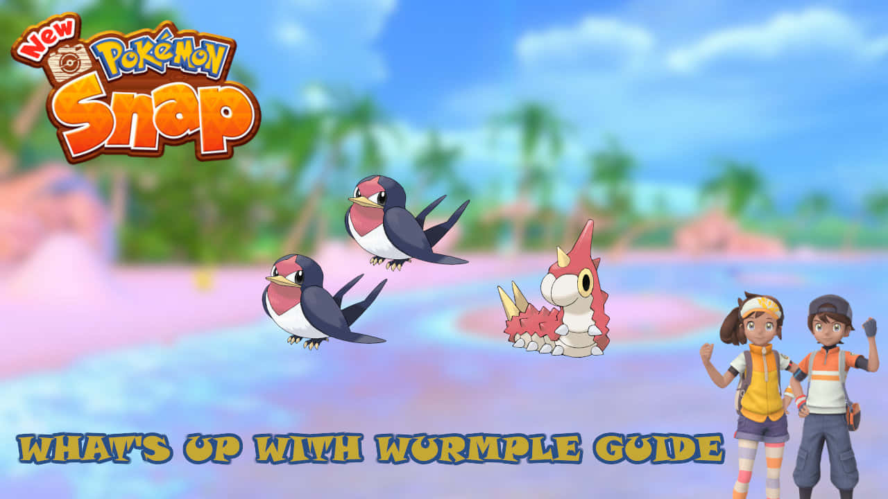 Wurmple 導覽指南 壁紙 — 兩隻燕子和一隻Wormple在New Pokemon Snap的熱帶場景中飛近兩名玩家。