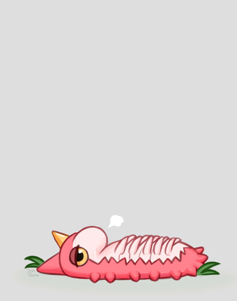 疲憊的 Wurmple 嘆息 壁紙 — 一隻可愛的粉紅色卡通毛毛蟲，有黃色角和大眼睛，在純灰色背景上的綠葉上休息。