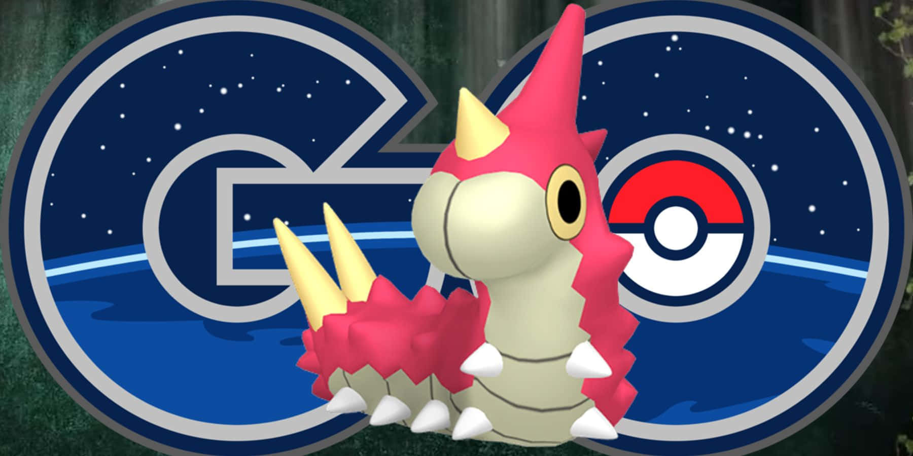 Wurmple 與 Pokémon Go 標誌 壁紙 — 一隻粉紅色和奶油色的寶可夢，有黃色角和白色尖刺，站在發光的精靈球和「GO」標誌前，背景是星空夜空。