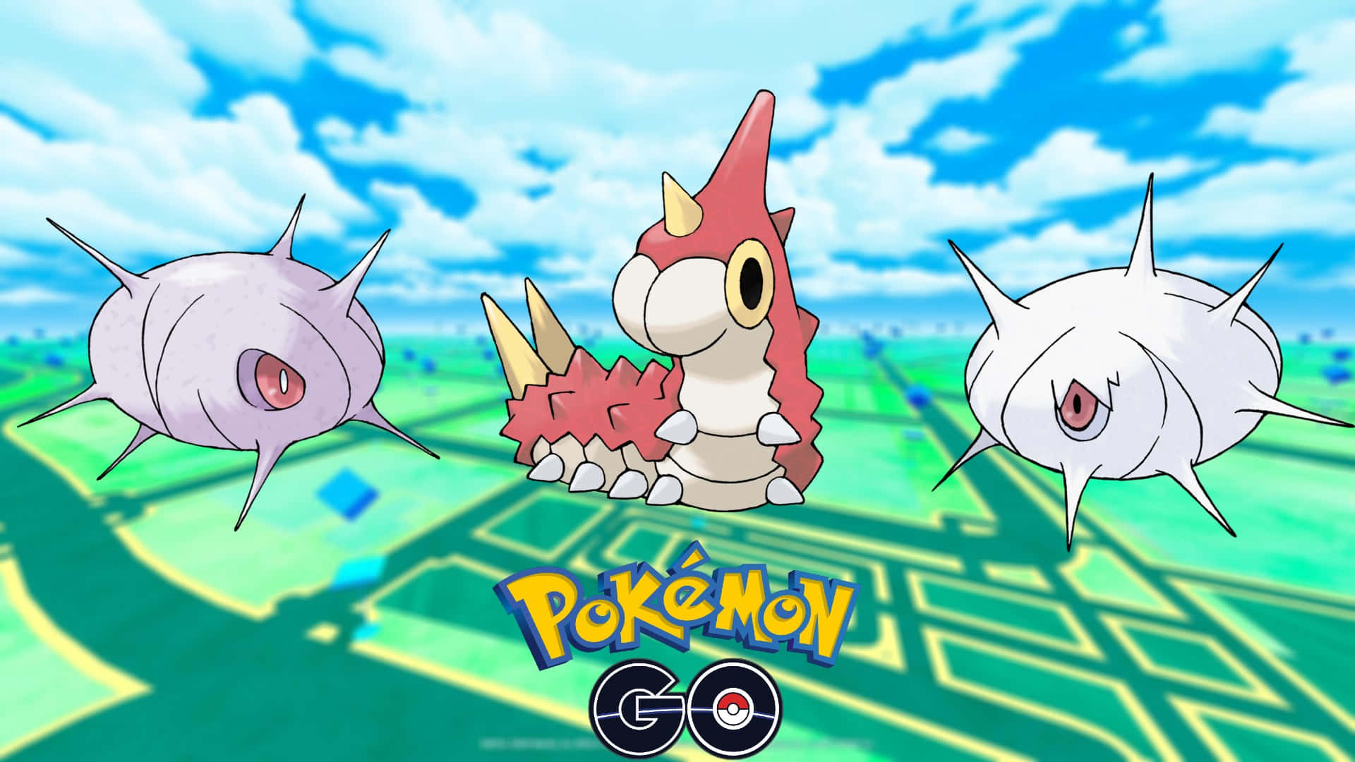 Wurmple、Silcoon、Cascoon遊戲地圖背景 壁紙 — 三個寶可夢角色漂浮在綠色地圖上方，背景為藍天和Pokémon GO標誌。