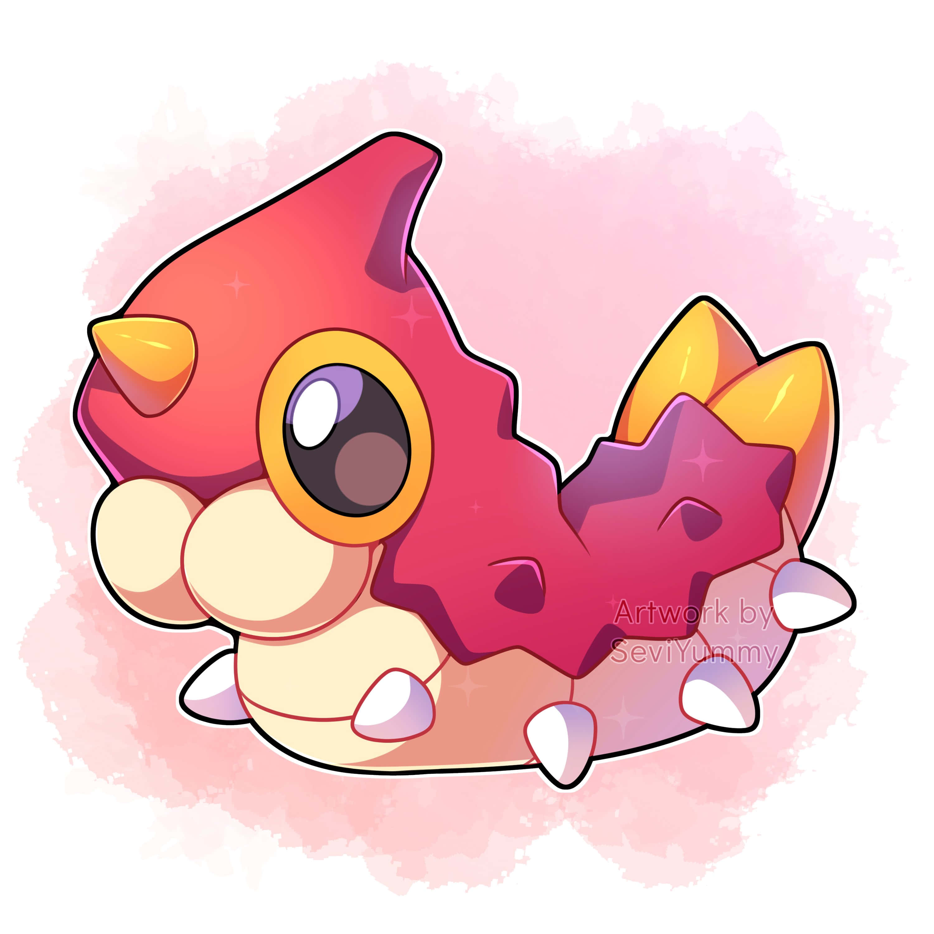 Wurmple 的大眼睛 壁紙 — 一隻可愛的卡通龍，有粉紅色和橙色的鱗片、大眼睛和白色爪子，在柔和的粉紅色水彩背景上休息。