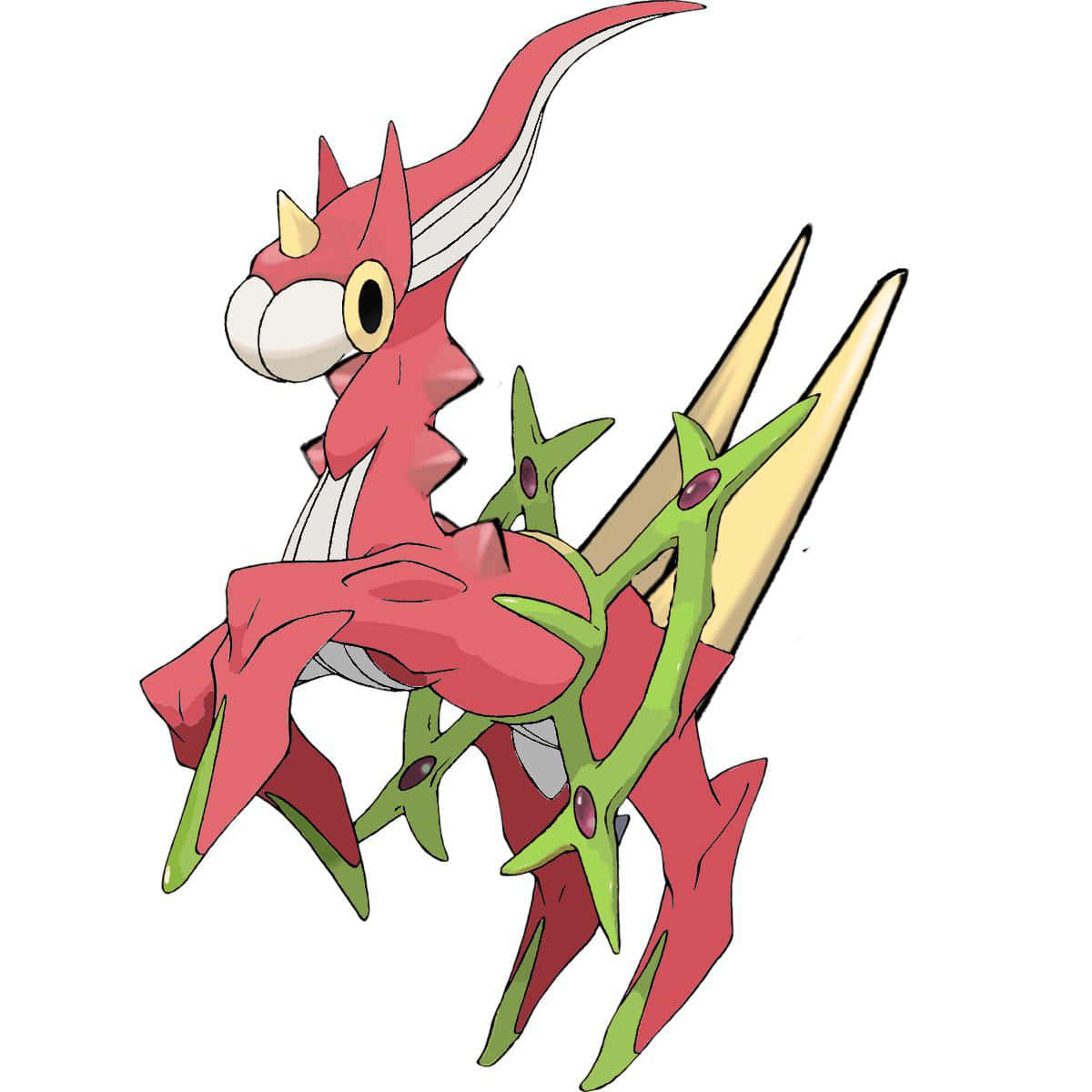 Wurmple 與 Arceus 的融合形態 壁紙 — 一隻鮮豔的紅綠色動畫風格寶可夢，擁有鋒利的角和飄逸的鬃毛，在白色背景前動態站立。