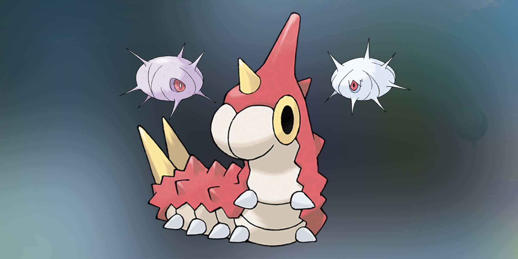 Wurmple 與 Silcoon、Cascoon 的進化旅程 壁紙 — 一隻卡通風格的紅白精靈，帶有尖刺突起，兩個較小的尖刺生物在漸變背景上漂浮在它周圍。
