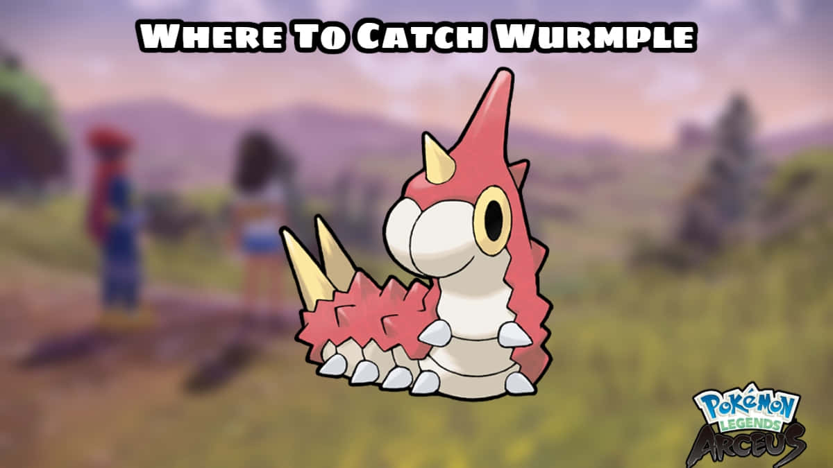 Wurmple 釣捕指南 壁紙 — 一隻帶有紅色尖刺和黃色角的卡通Wurmple寶可夢，在模糊的戶外場景中對焦，背景有兩個人物。