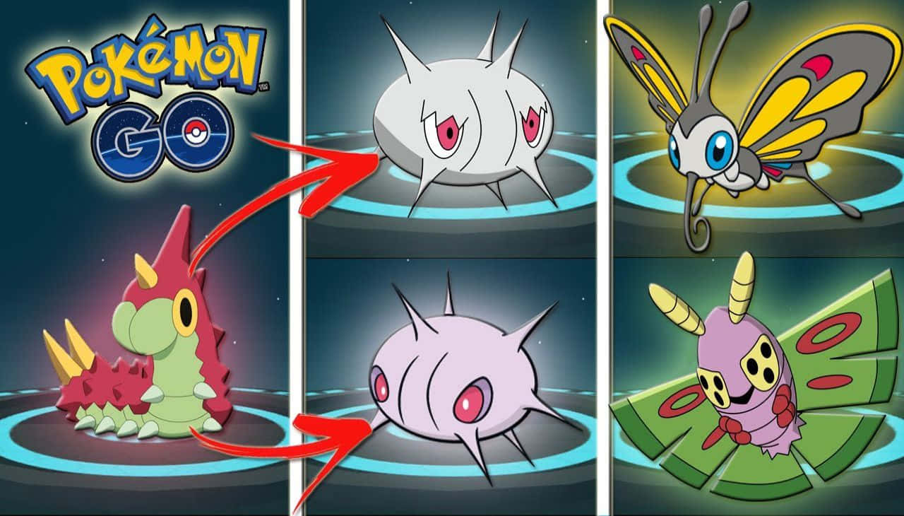 Wurmple的進化階段 壁紙 — Pokémon GO 進化指南，以紅色箭頭顯示綠毛蟲進化成鐵甲蛹，再進化成巴他蝶。