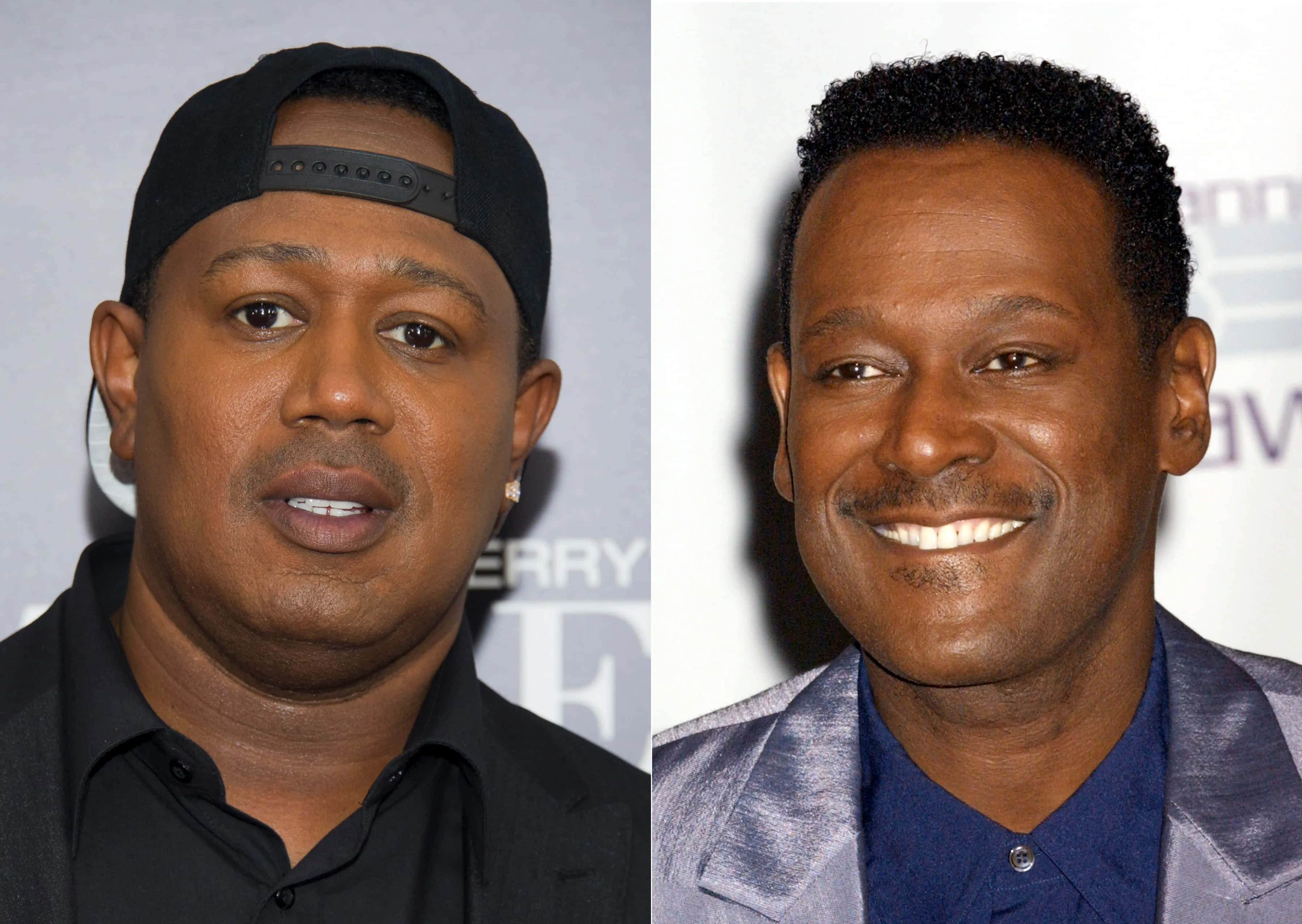 Master P 桌布 壁紙 — 活動中兩位微笑黑人男性的分割肖像，一位戴黑色帽子，另一位穿銀色西裝外套。