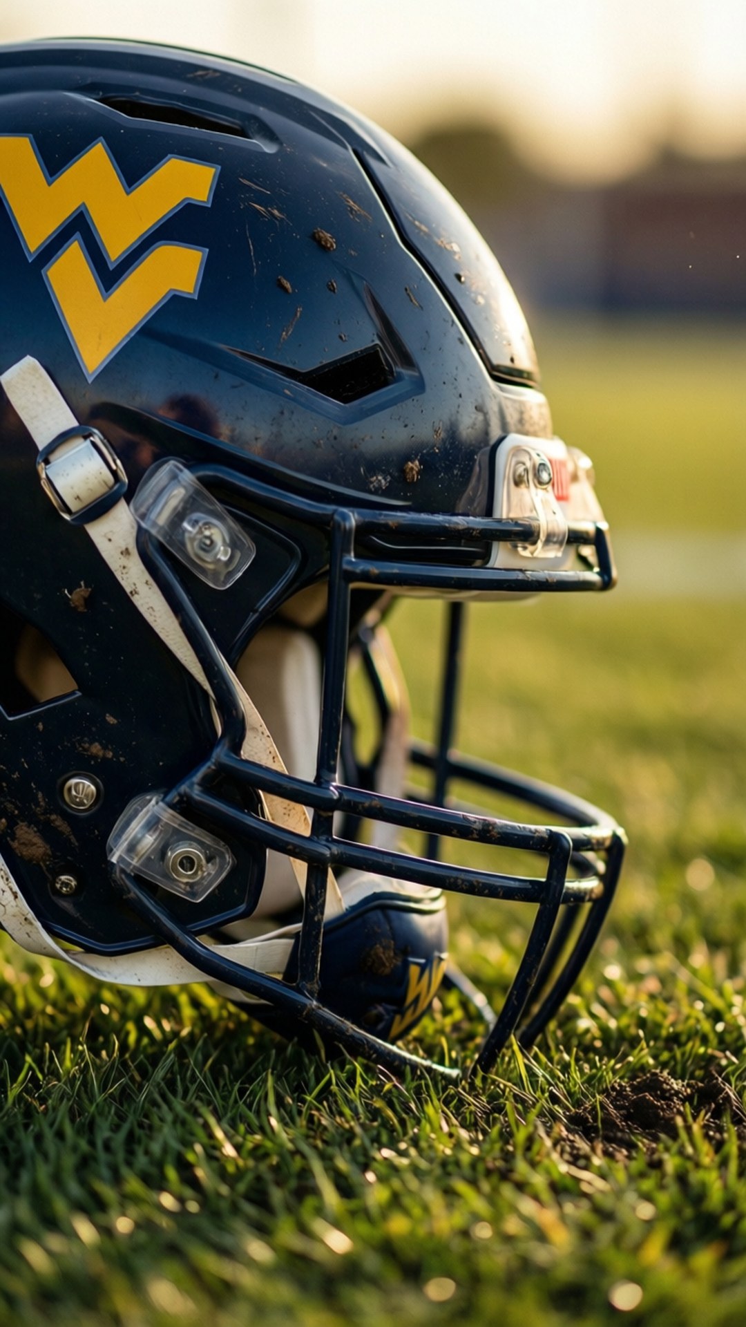 一個沾滿泥巴的美式足球頭盔在日落時分放在綠色草地上。