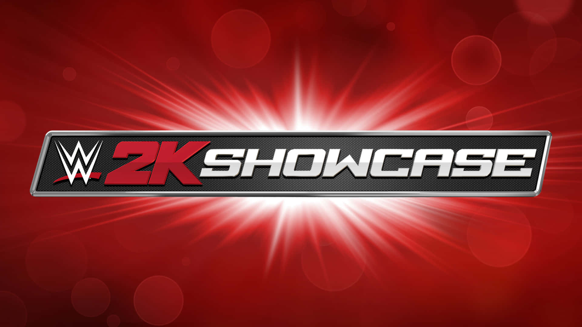 WWE Logo 桌布 壁紙 — WWE 2K Showcase 標誌在充滿活力的紅色背景上閃爍著金屬光澤，散發出明亮的光線。