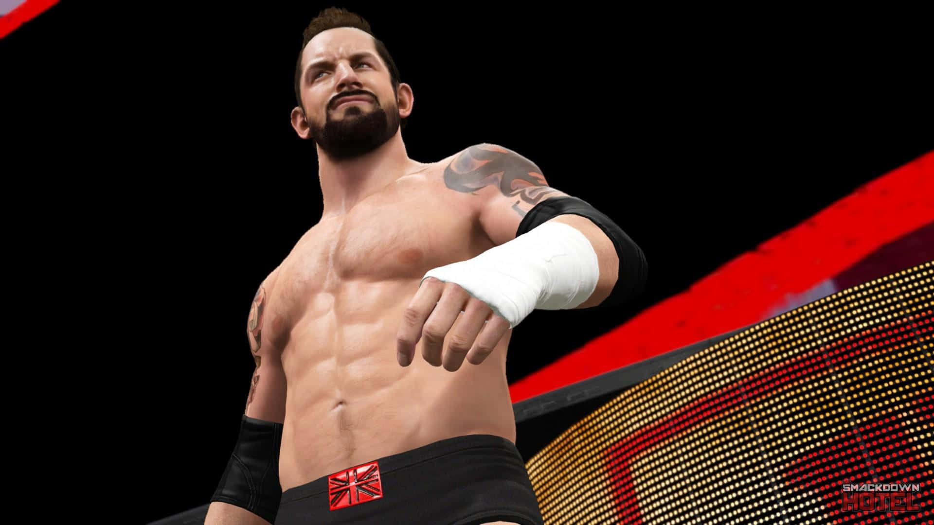 WWE 2K 遊戲角色：韋德·巴雷特 壁紙 — 一位肌肉發達的摔角手，身上有紋身，戴著白色護腕，自信地站在紅黑燈光下的摔角擂台上。