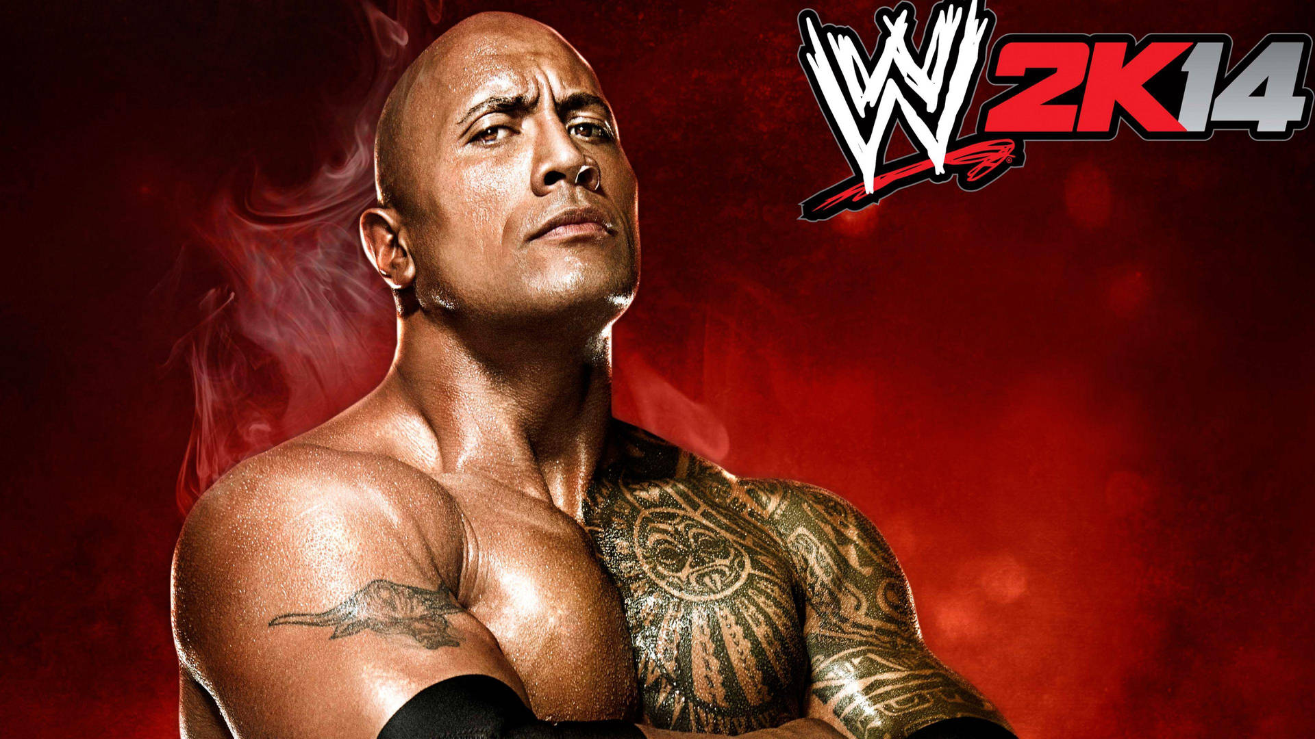 WWE 2K14 封面 featuring Dwayne Johnson 飾演 The Rock，帶有紋身和強烈表情。
