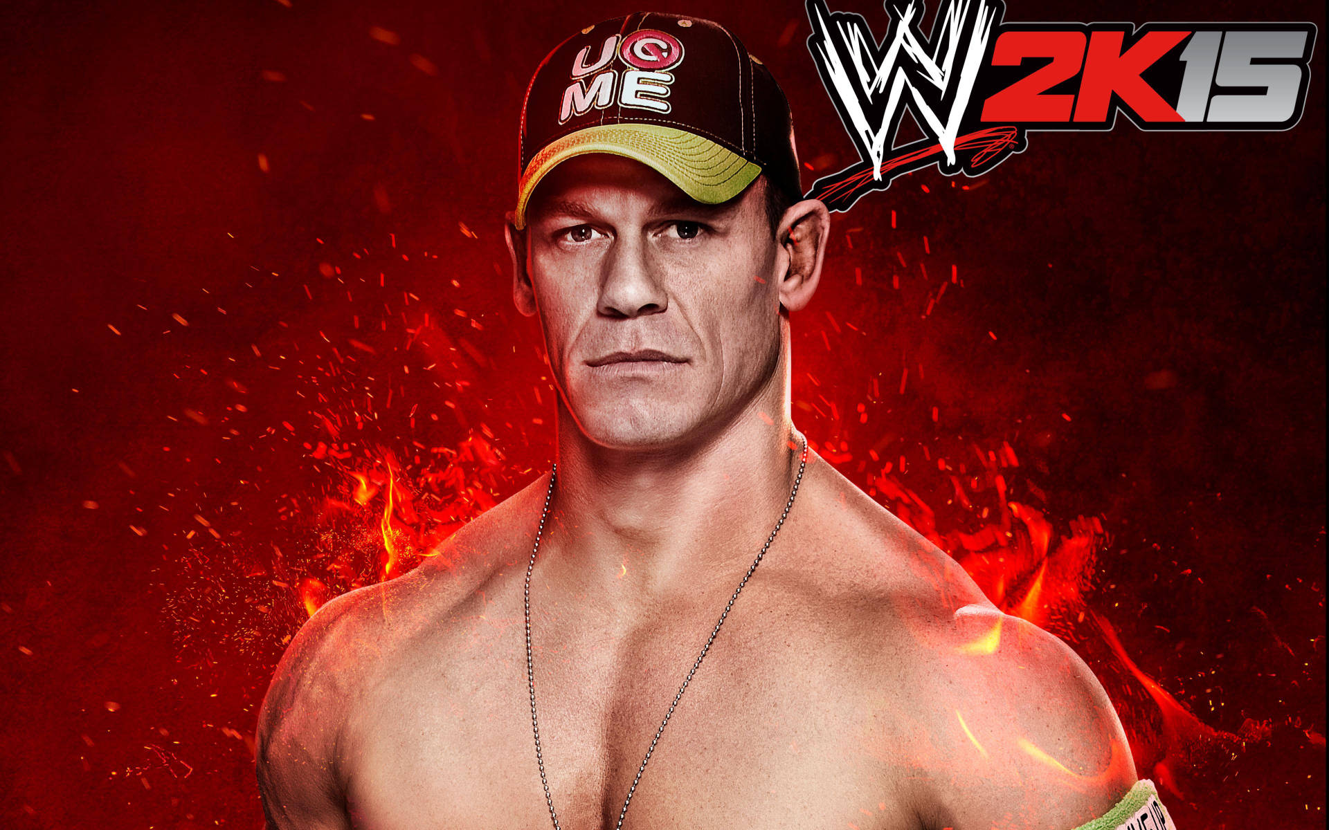 WWE 2K15遊戲封面上的約翰·辛納，帶有熾熱的紅色背景和火花。