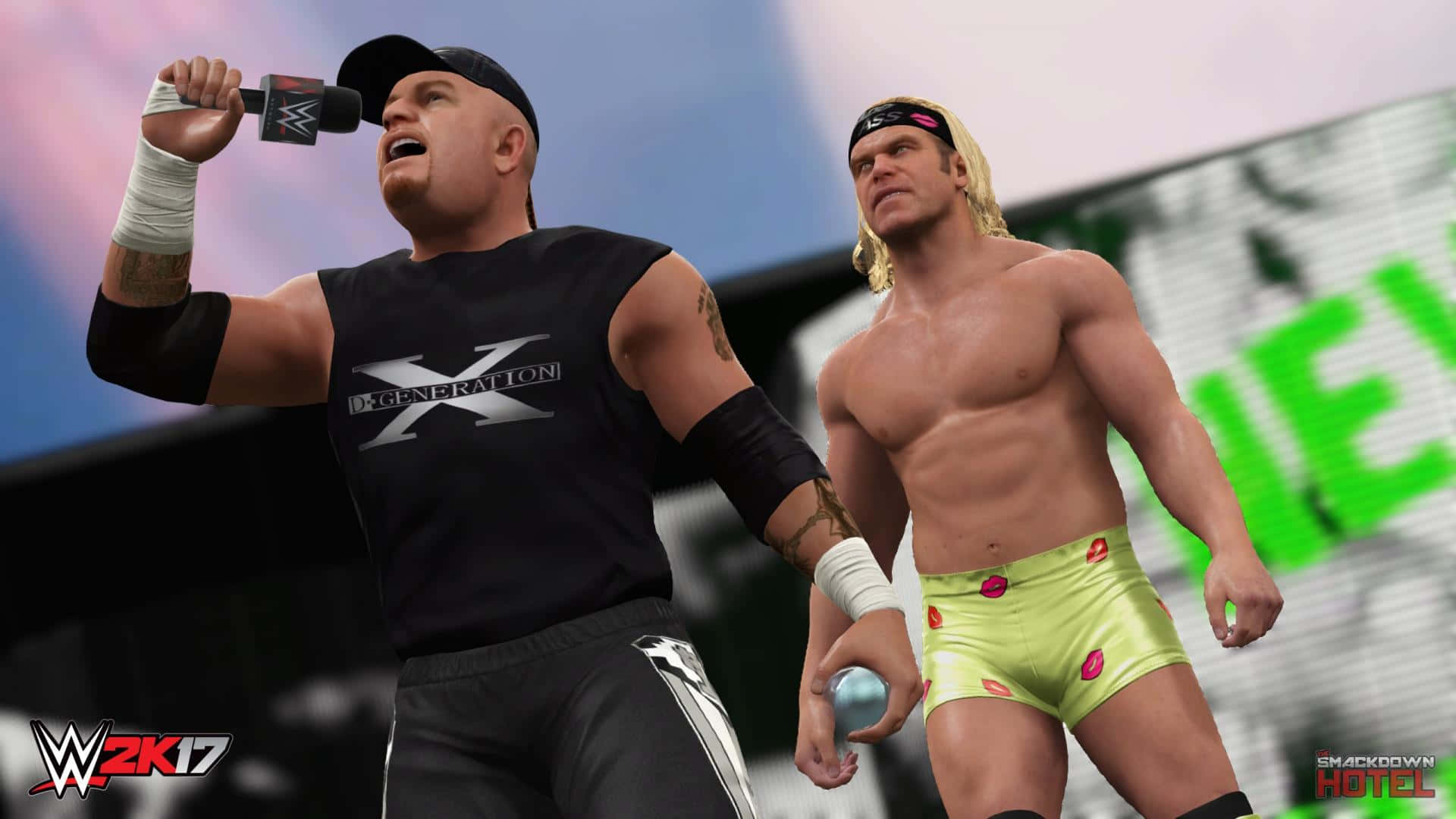 WWE 2K17遊戲中的Road Dogg 壁紙 — 兩位肌肉發達的WWE摔角手在電子遊戲場景中，一位拿著麥克風，另一位穿著鮮豔的短褲站在發光的屏幕前。