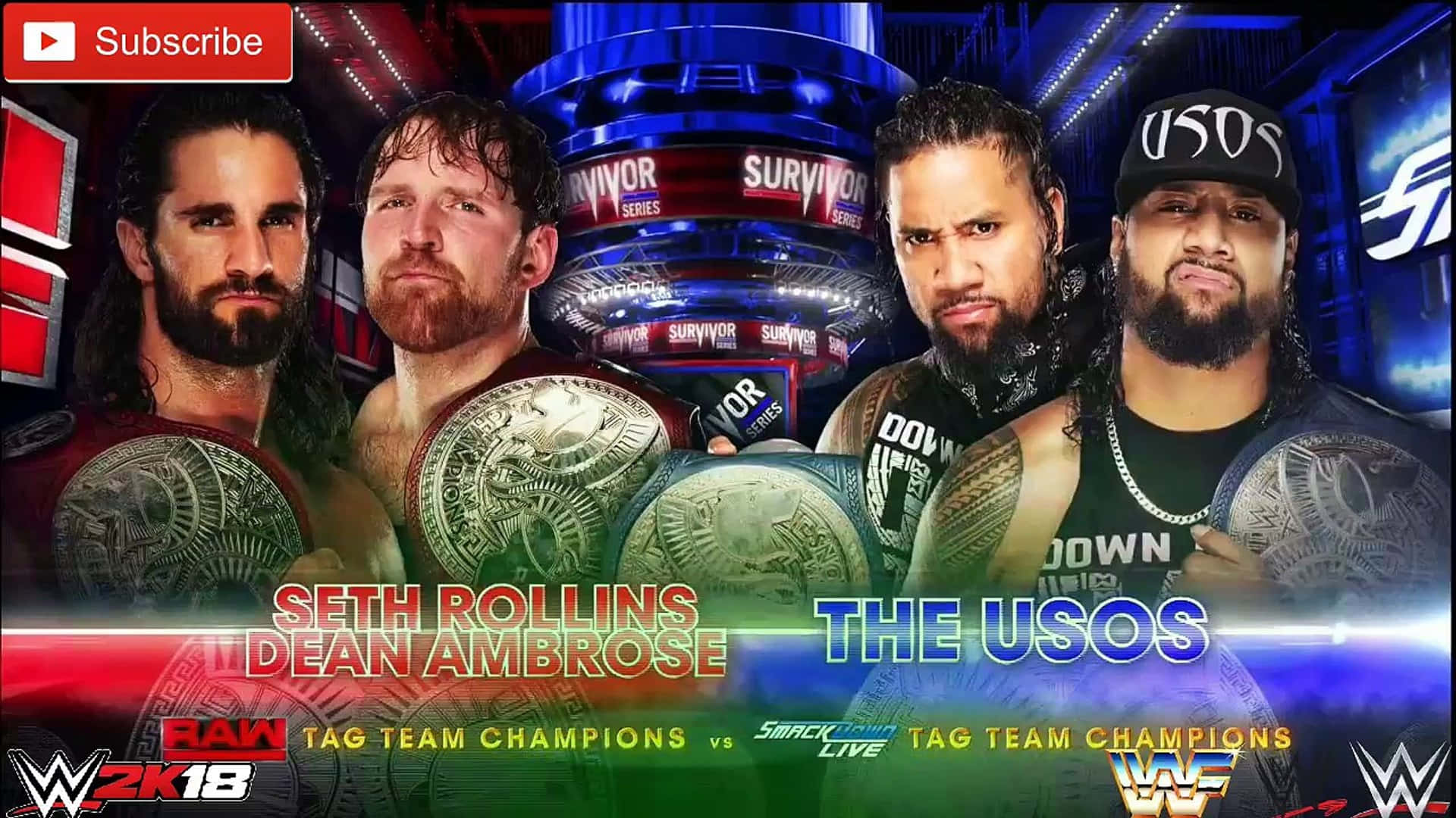 WWE 2K18 吉米與傑伊·烏索對戰海報 壁紙 — 四位WWE摔角手帶著冠軍腰帶在充滿活力的場館環境中激烈擺姿勢。