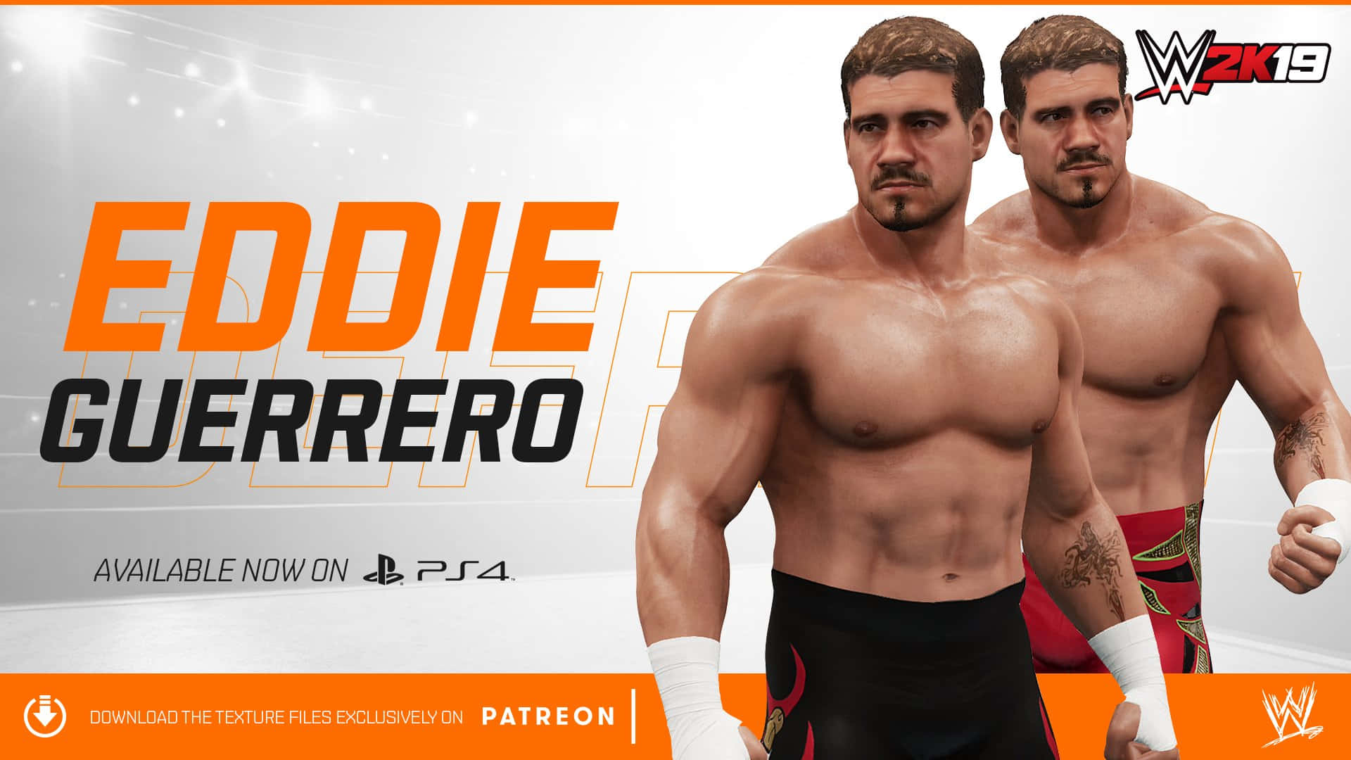 愛迪·古雷羅在WWE 2K19遊戲中 壁紙 — 兩位肌肉發達的WWE摔角手自信地站在明亮的競技場中，帶有粗體橙色和黑色文字，宣佈Eddie Guerrero的PS4發佈。