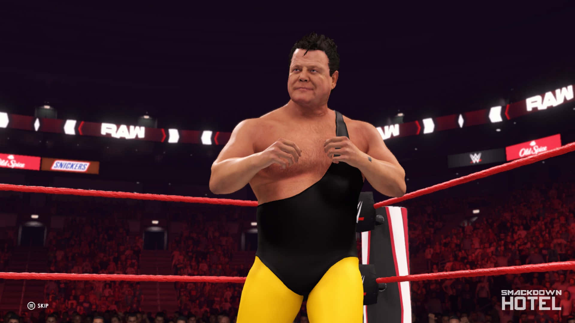 傑瑞·勞勒WWE 2K20遊戲角色 壁紙 — 身穿黑色和黃色緊身衣的摔角手自信地站在燈火通明的摔角擂台上，周圍是喧鬧的人群和RAW標誌。