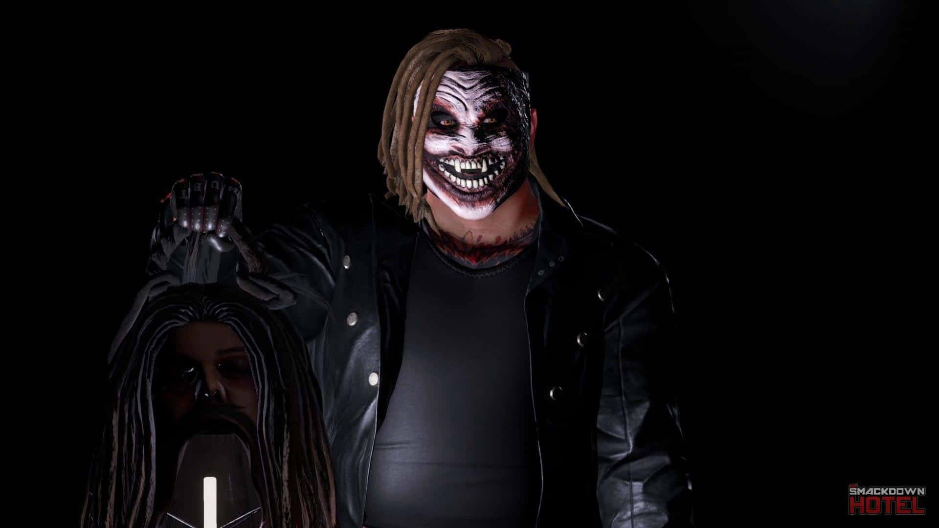 布雷·懷特 WWE 2K20《夜間撞擊》 壁紙 — 一個帶有怪異彩繪臉孔和辮子頭的威脅性角色，在黑色背景前手持一個被斬下的頭顱。