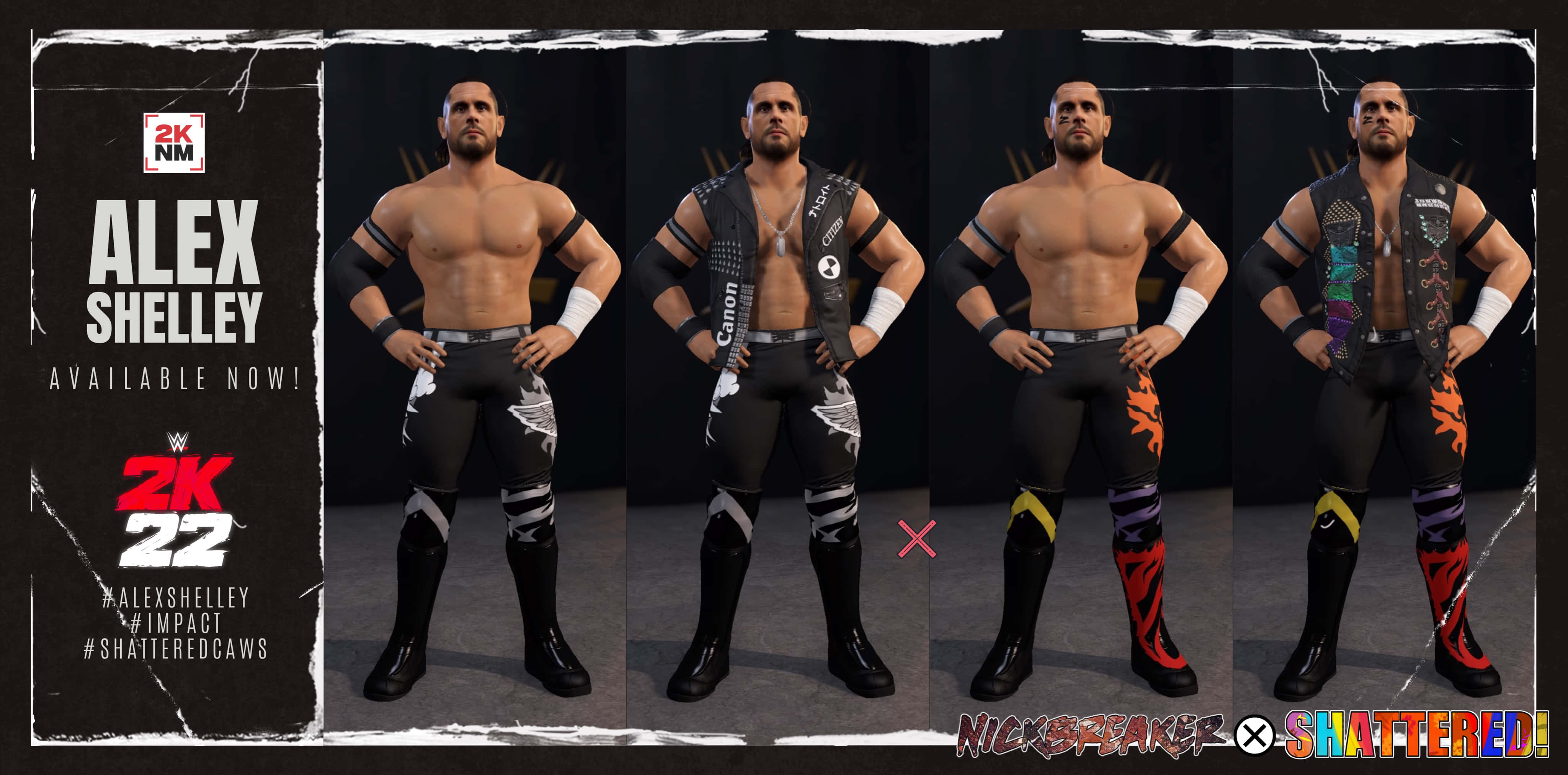 亞歷克斯·雪利於WWE 2K22遊戲中亮相 壁紙 — 四種不同背心與靴子設計的摔角手 Alex Shelley 2K22 遊戲服裝變體，以深色工作室背景襯托。