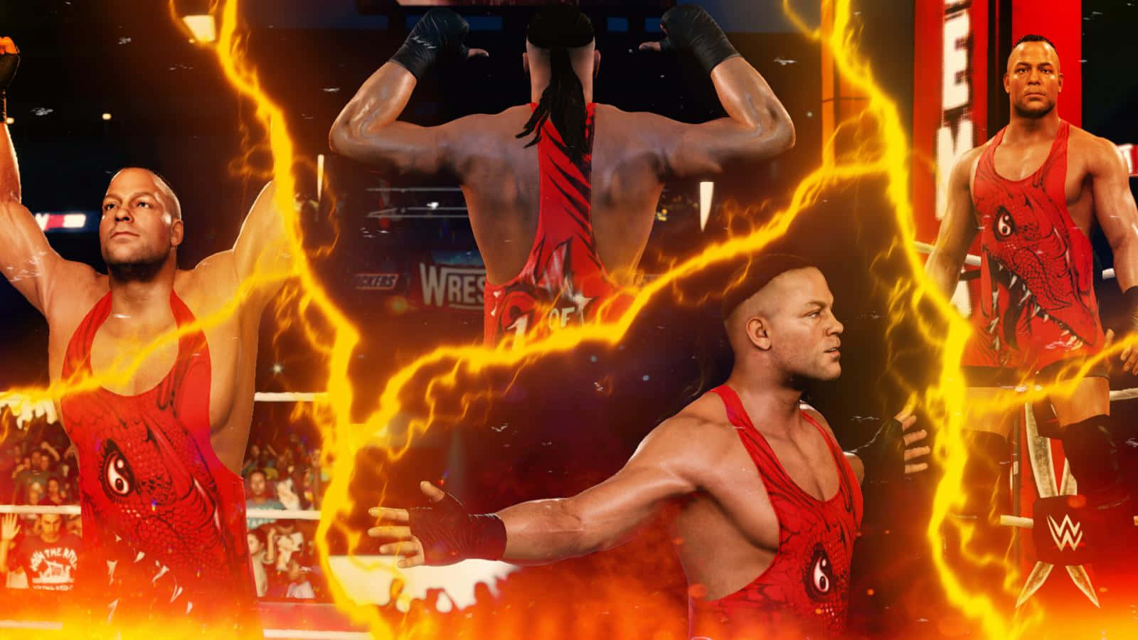 WWE 2K22 羅布·范·達姆 火焰雷電效果拼貼圖 壁紙 — 四名身穿紅色緊身衣的肌肉摔角手在充滿火焰閃電效果的擂台上英勇擺姿勢。