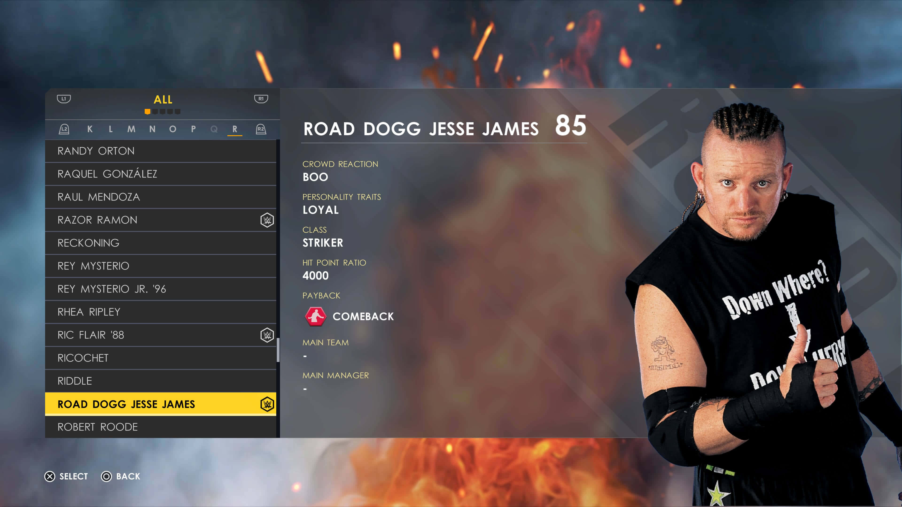 WWE 2K22評分Road Dogg 壁紙 — 摔角手 Road Dogg Jesse James 在帶有統計數據和觀眾反應顯示的火熱遊戲菜單界面中凝視著。