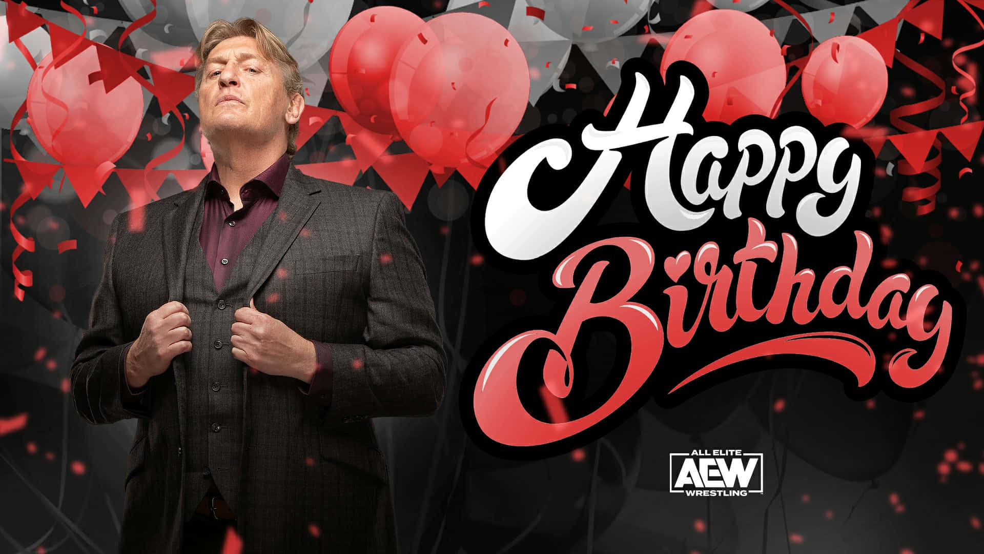 威廉·瑞格 WWE 生日祝福數位藝術 壁紙 — 一名身穿西裝的男子自信地站著，紅色氣球和五彩紙屑在他周圍爆發，背景為深色，帶有「Happy Birthday」文字。