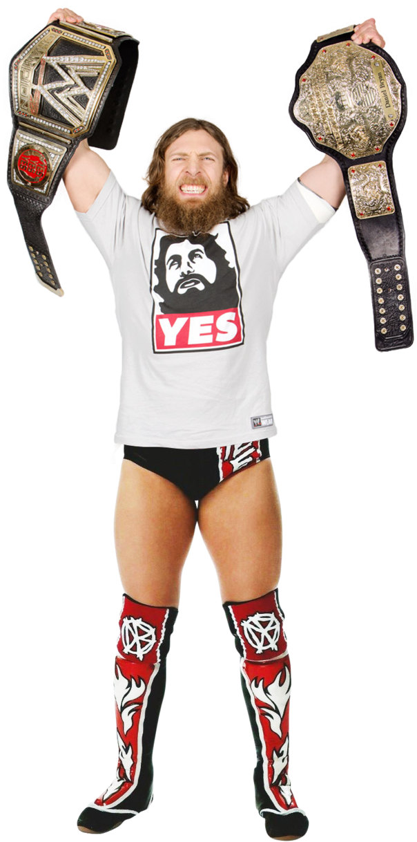 WWE冠軍慶祝 壁紙 — 長髮鬍鬚摔角手身穿'YES' T恤和紅白靴，勝利地高舉兩條冠軍腰帶。