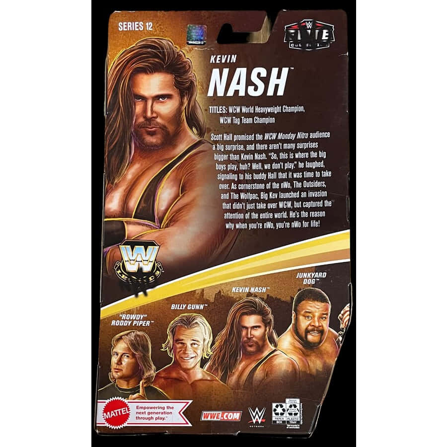 WWE Elite Legends 凱文·納什人偶包裝背面 壁紙 — WWE Kevin Nash 動作人偶包裝，以棕色和金色背景展示其肖像和團隊成員。