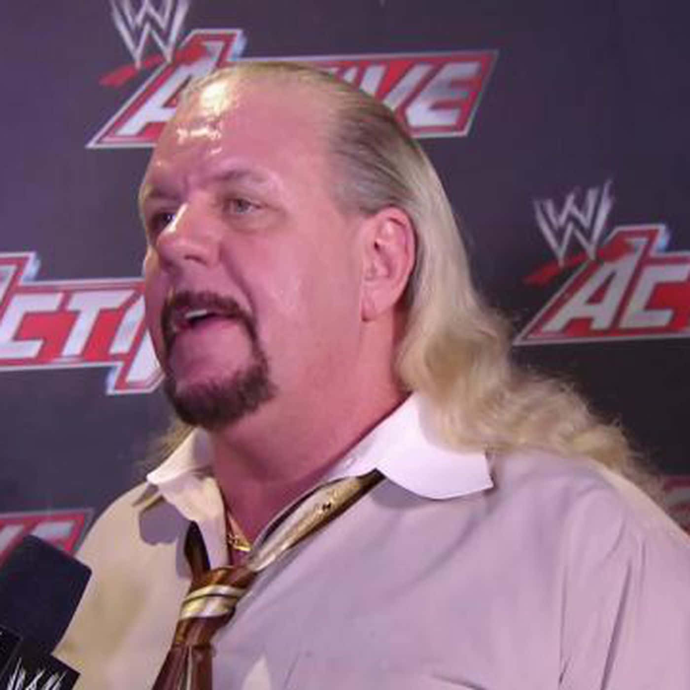 WWE 邁克爾·海耶斯於活動訪問 壁紙 — WWE摔角手留著金色長髮和山羊鬍，在新聞發布會上對著麥克風講話。