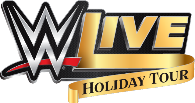 WWE Live假日巡迴演出標誌 壁紙 — 閃亮的WWE Live Holiday Tour標誌，帶有金屬銀色和金色字體，背景為黑色碳纖維。