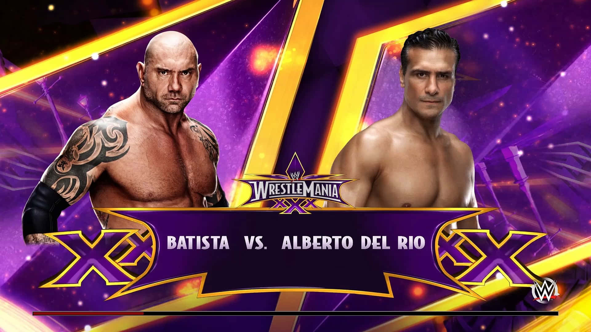 WWE 巴蒂斯塔與阿爾伯托·德里奧 壁紙 — 兩位肌肉發達的摔角手 Batista 和 Alberto Del Rio 在充滿活力的紫色和金色 WrestleMania XXVIII 背景下凝視著對方。
