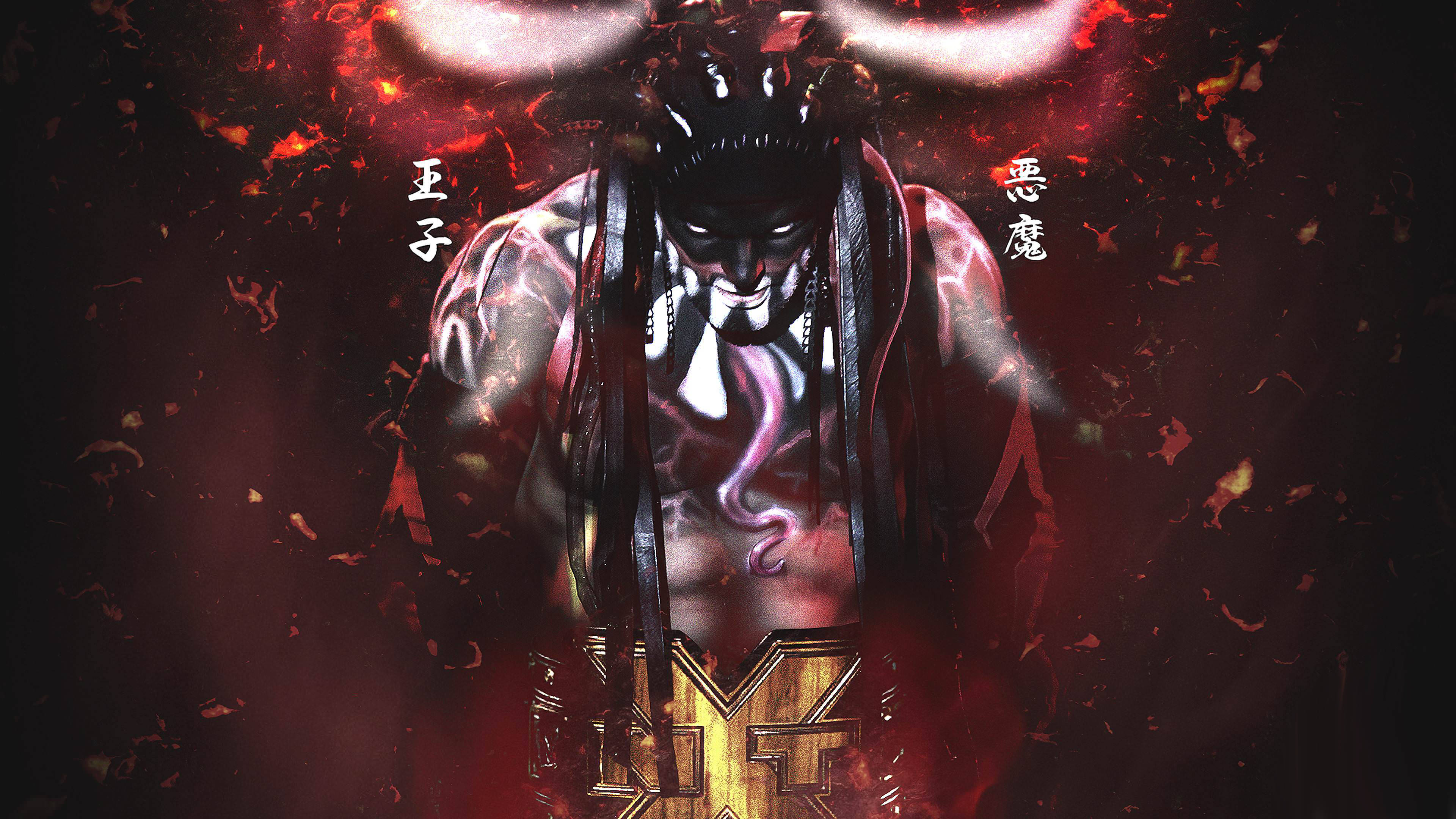WWE NXT 超級巨星 芬·巴洛爾 壁紙 — 一個帶有發光眼睛和惡魔角的威脅性動漫摔角手從火紅色的煙霧中出現，手持冠軍腰帶。