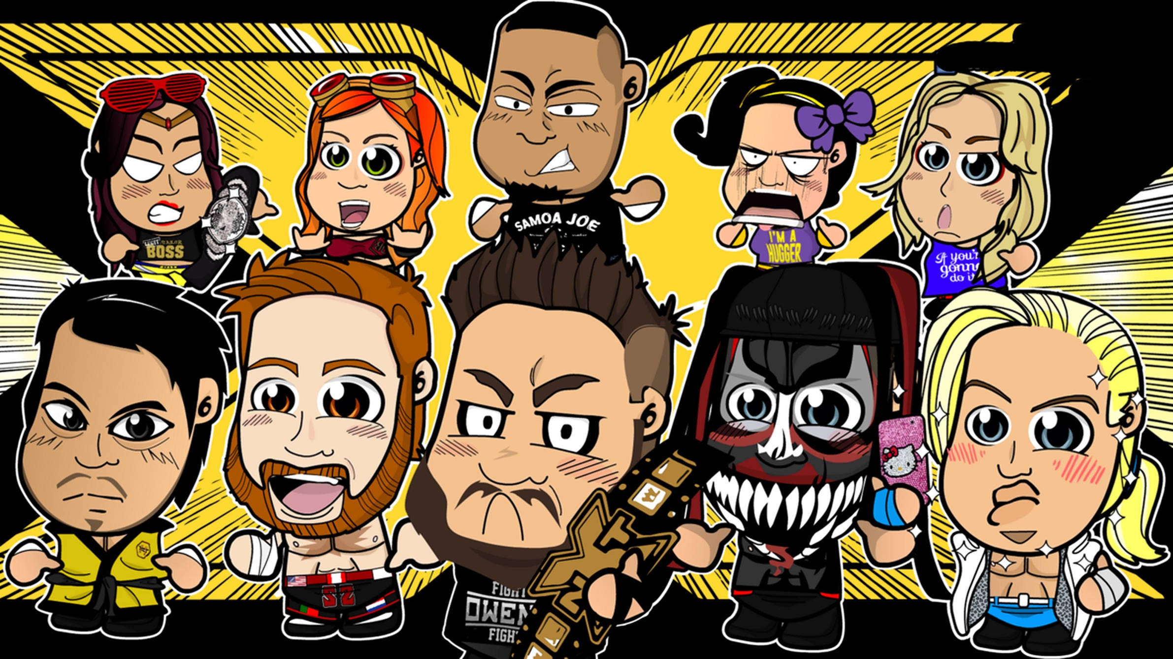 WWE NXT Q版藝術 壁紙 — 卡通Q版風格的摔角手，表情誇張，背景為大膽的黃色。