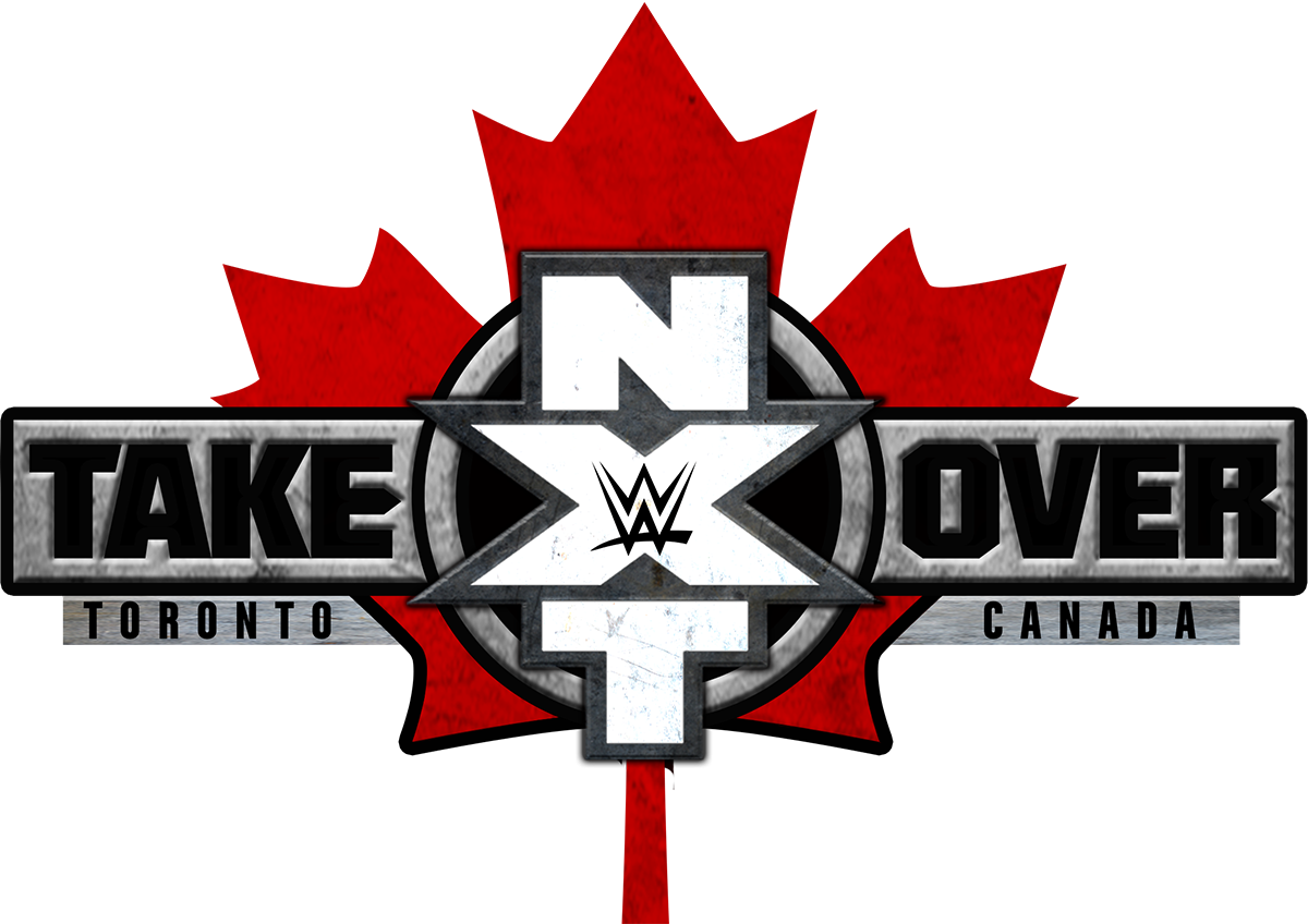 WWE NXT TakeOver 多倫多標誌 壁紙 — 大膽的WWE NXT TakeOver標誌，帶有紅色楓葉和金屬質感文字，背景為黑色。