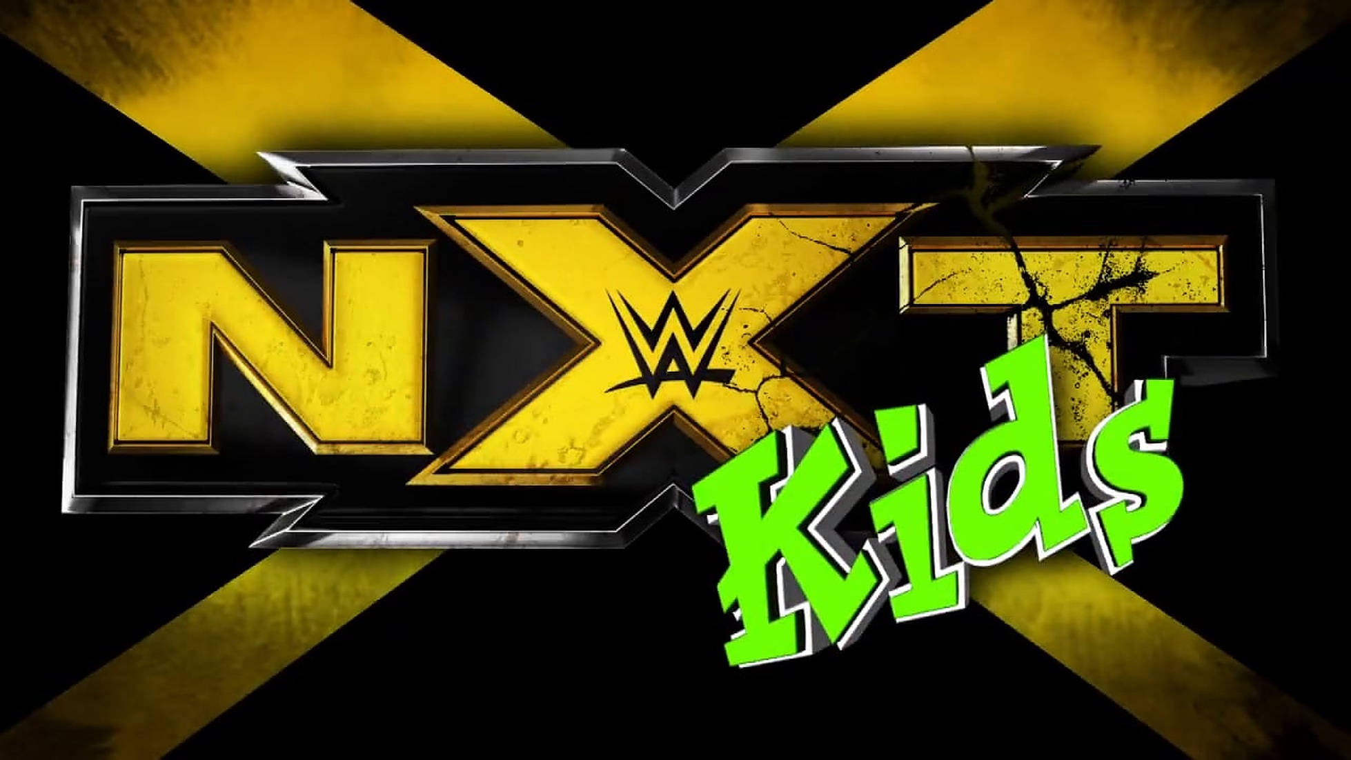 WWE NXT 兒童專屬海報 壁紙 — 大膽的黃色和綠色NXT Kids標誌，帶有裂紋紋理和黑色閃電背景。
