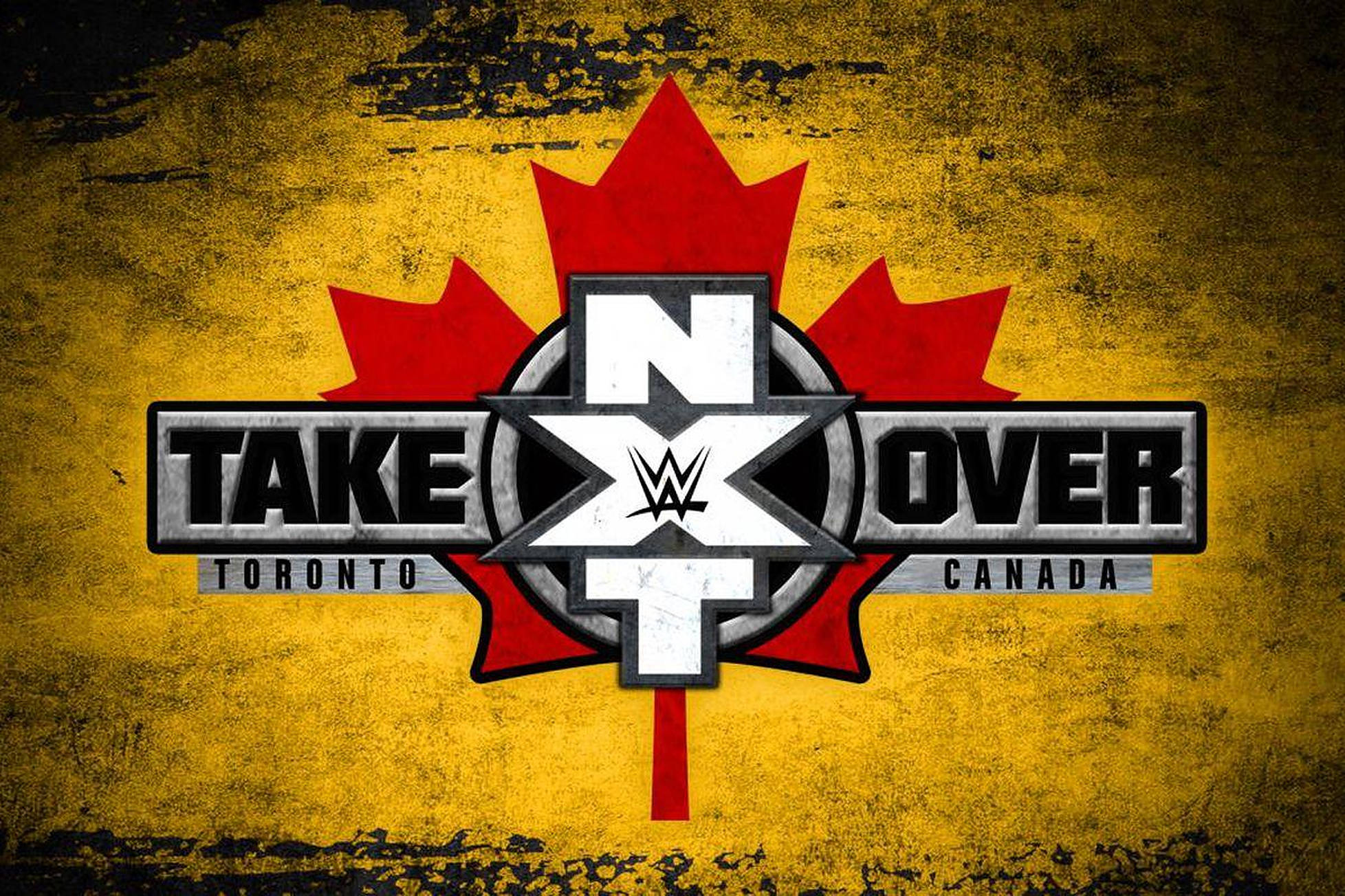WWE NXT 加拿大 壁紙 — WWE TakeOver 標誌，帶有紅色楓葉和受干擾的黃色背景。